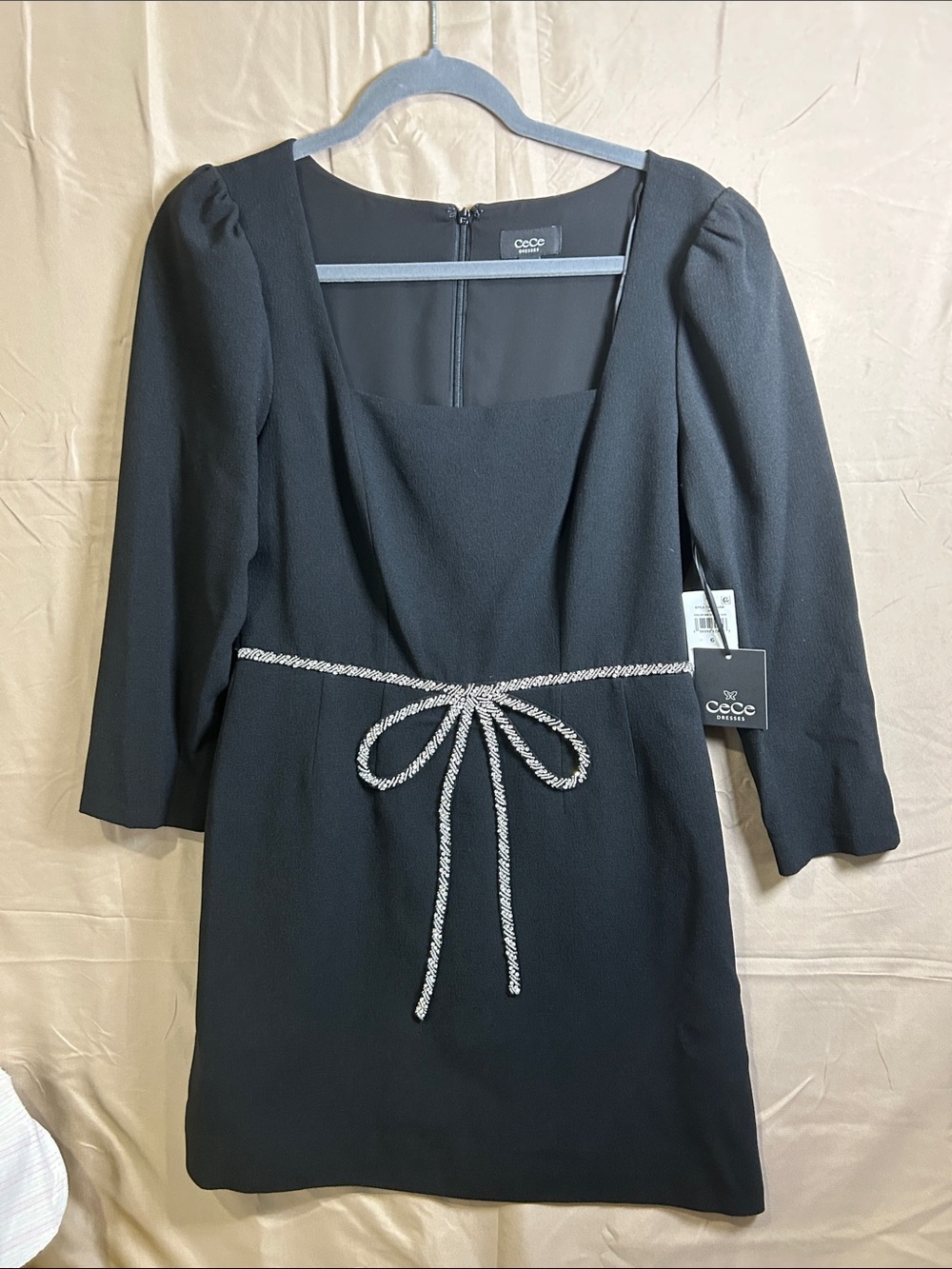 CeCe Black Square-Neck Mini Dress with Silver Rope Tie size 6